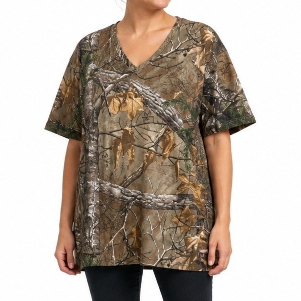 Russell Outdoors T Shirt Womens 2XL Brown Realtree Xtra Camo V Neck Hunting Tee